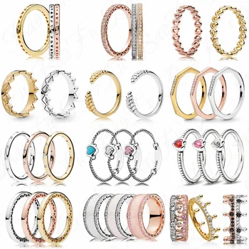 

Authentic 925 Sterling Silver Ring Shiny Princess Crown Love Heart Ring Crystal Suitable For Ladies Party Gifts High-End Jewelry