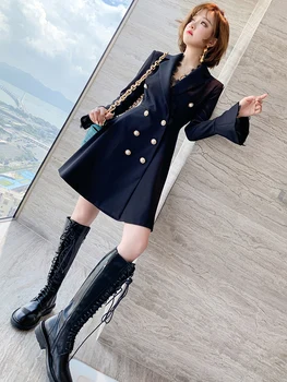 

Stitching lace suit lapel flared sleeve double-breasted dress women's dress 2020 autumn new