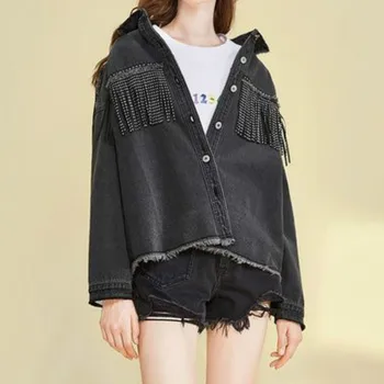 

Denim Jacket Turn-down Collar Single Breasted Jacket Women Solid Long Sleeve Tassel Coat Office Lady 2020 Casual Streetwear