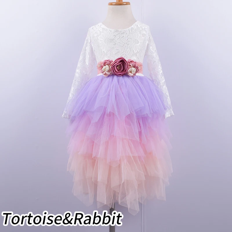 purple gradient Кружевные осенние вечерние платья-пачки для девочек, детский многослойный костюм с длинными рукавами для церемоний, пышное платье для девочек, свадебные платья на Хэллоуин - Цвет: purple gradient