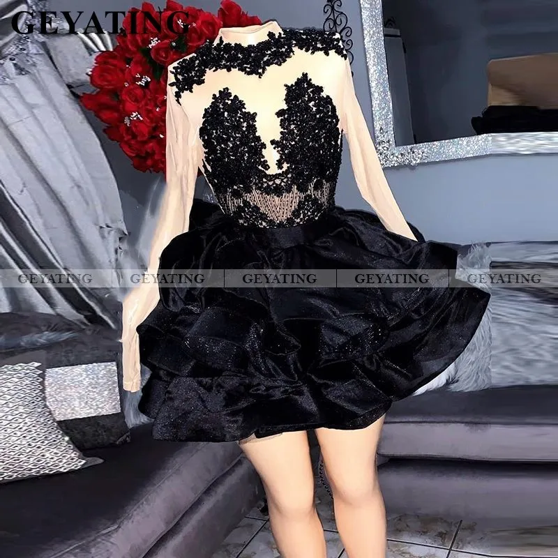 Zwart Kant Afrikaanse Korte Prom Jurken Met Mouwen Puffy Rok Zwarte Meisjes Junior Graduation Dress 2020 Sexy Cocktail Party Gown Zwart Kant Afrikaanse Korte Prom Jurken Met Mouwen Puffy Rok Zwarte Meisjes Junior Graduation Dress 2020 Sexy Cocktail Party Gown
