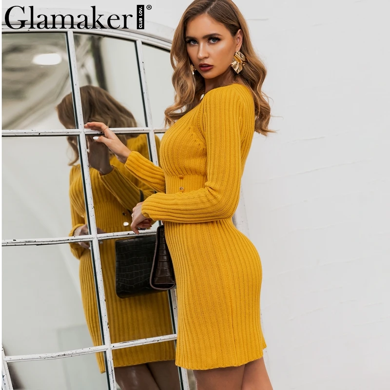 Glamaker, вязаное, желтое, сексуальное платье-свитер, женское, элегантное, мини, короткое, осеннее платье, вечерние, для клуба, с длинным рукавом, зимнее платье для девушек
