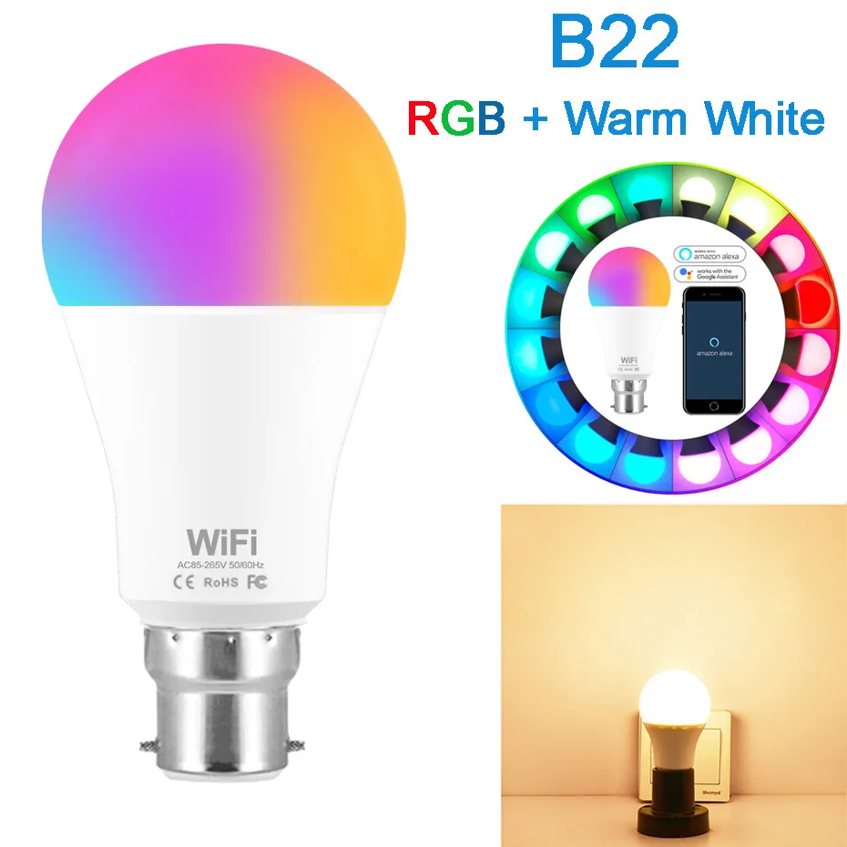15 Вт WiFi умный светильник RGB белый волшебный светодиодный светильник с регулируемой яркостью E27 B22 WiFi лампа накаливания совместима с Amazon Alexa Google Home Smartphone - Испускаемый цвет: B22 RGB Warm White