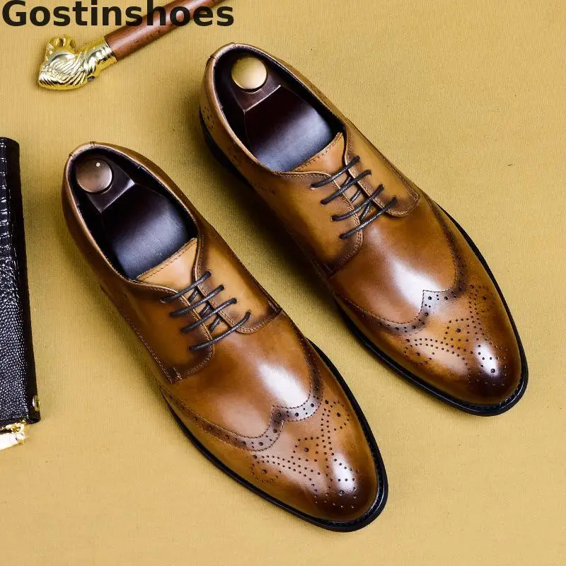 

Luxury Men Shoes Genuine Leather Derby Brogue Shoes Cowhide Cut-out Breathable Wing Tip Lace-up Leather Shoes Men