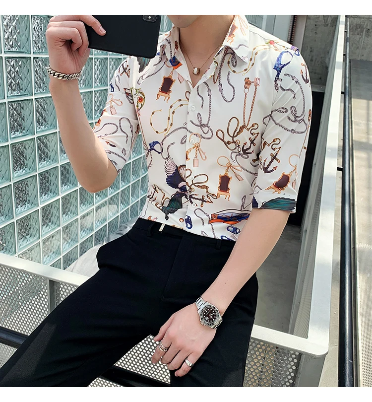 Брендовая мужская рубашка с коротким рукавом Camisa, модная повседневная приталенная рубашка, летняя Дизайнерская одежда для клубной вечеринки, выпускного вечера
