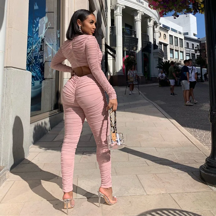 BKLD Ladies Jumpsuits Fashion Ruched Long Sleeve Bodycon Clubwear Playsuits Womens Jumpsuit Autumn New Pink V-Neck Rompers