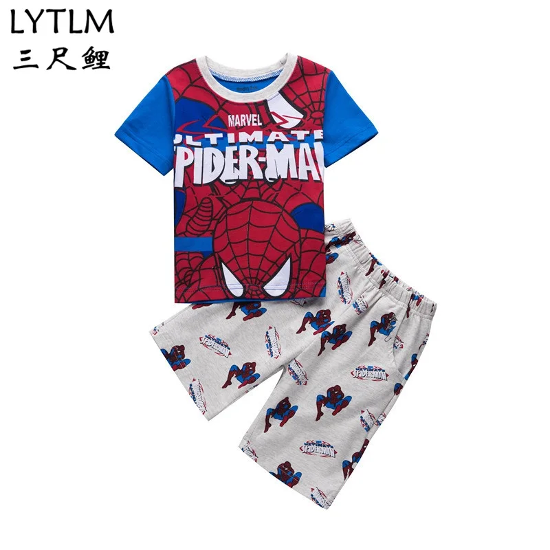 Комплекты одежды для мальчиков «мстители», «Железный человек», г., летние хлопковые футболки с короткими рукавами и рисунком из мультфильма+ штаны, детская одежда