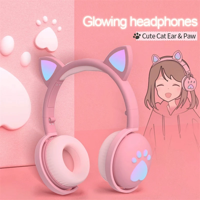 7 1 Stereo Cute Cat Bluetooth Wireless Pink Headphone With Microphone Flashing Light Noise Cancel Earphone Music Girls Kid Gifts