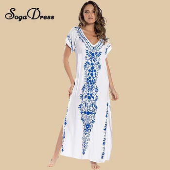 

SOGA DRESS Kaftan Dress Beach Short Sleeve Summer Dress Cotton Embroidered Tunic Bilateral Spli Women Sarong Beach Wrap Cover Up