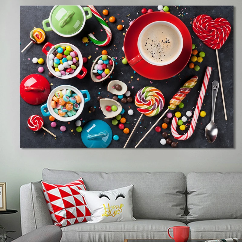Modular Paintings Lollipop For Kitchen Print On Canvas Poster Flowers Beautiful Pictures Rainbow Candy Coffee Cup Decor | Дом и сад