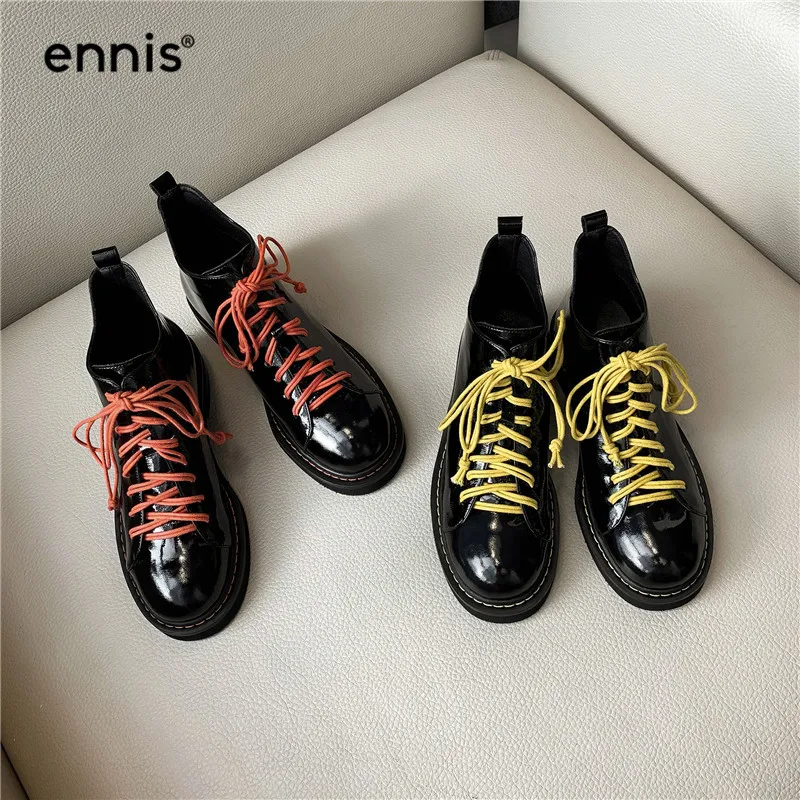 ENNIS/ г.; дизайнерские ботинки на платформе; обувь martin; женские ботильоны из лакированной кожи; осенние ботинки из натуральной кожи черного цвета на шнуровке; обувь на плоской подошве; A9194