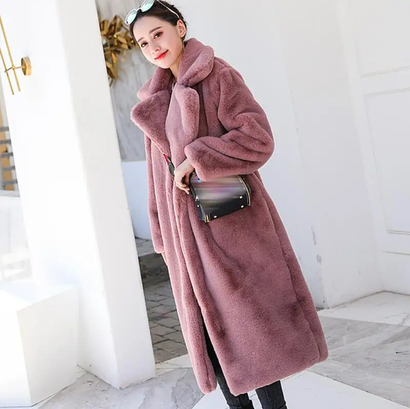 Dark Pink Зимнее женское высококачественное пальто из искусственного кроличьего меха, роскошное длинное меховое пальто, свободное пальто с отворотом, толстое теплое женское плюшевое пальто больших размеров - Цвет: Dark Pink