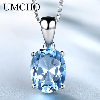 

UMCHO Real 925 Sterling Silver Oval Green Emerald Gemstone Pendant Necklace For Girl Women Gift Party Fashion Fine Jewelry