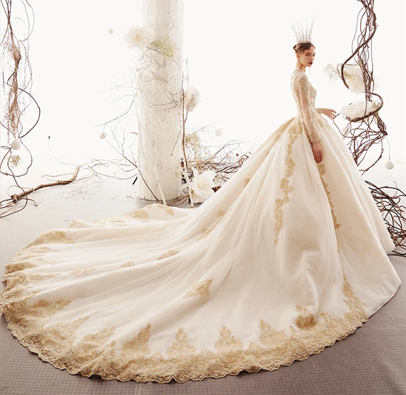 SoAyle Vestido de Noiva Hepburn роскошное свадебное платье цвета шампань с v-образным вырезом и Длинными Рукавами Свадебное Платье вышитое бисером кружевное платье с аппликацией - Цвет: Trailing style