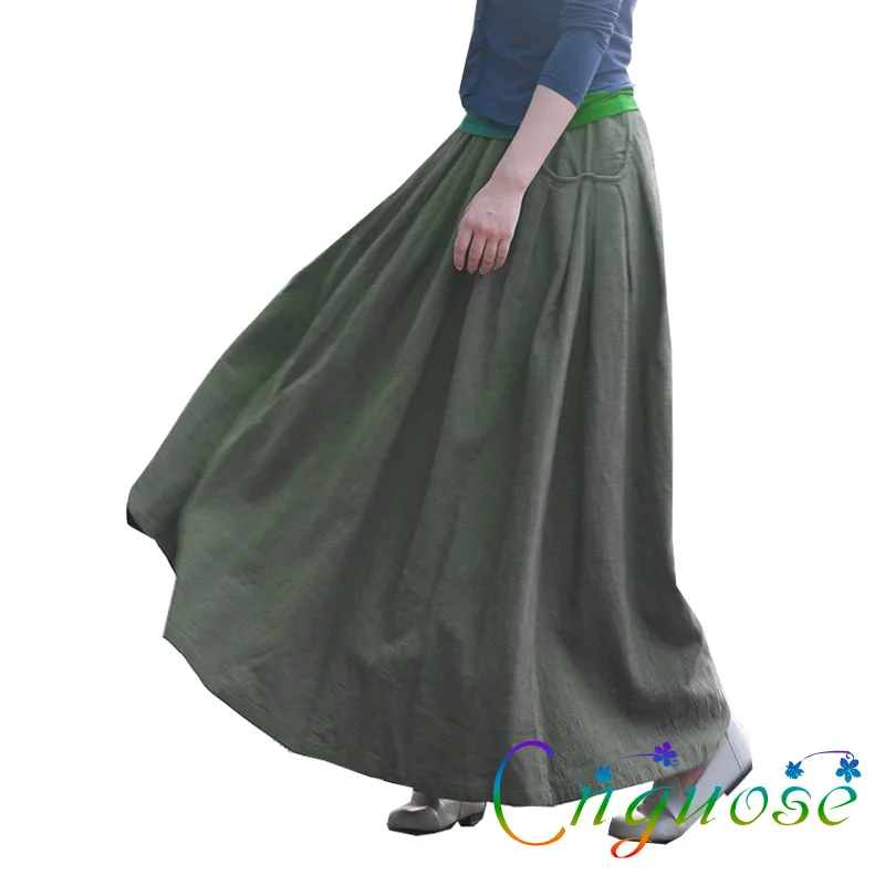 2019 ArmyGreen Cotton Linen Autumn High Quality Design Plus Size 5XL 6XL Vintage Casual Pleated Female Long Skirts With Womens | Женская