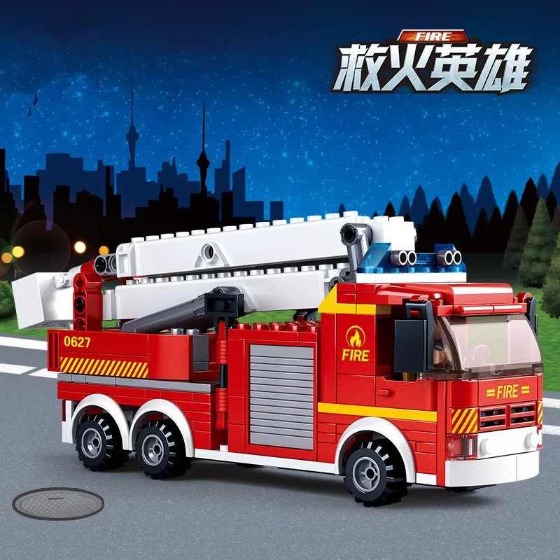

394Pcs City Fire Fighting Elevated Platform Fire Truck Model Building Blocks Set Juguetes Educational Creator Bricks Kids Toys