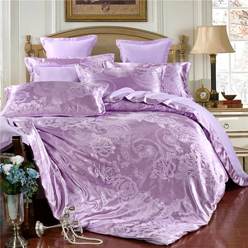 Комплект постельного белья жаккардовая Простыня 4 шт. одеяло постельных принадлежностей s набор постельного белья с одеялом роскошный цветочный King размер постельных принадлежностей D20 - Цвет: Фиолетовый
