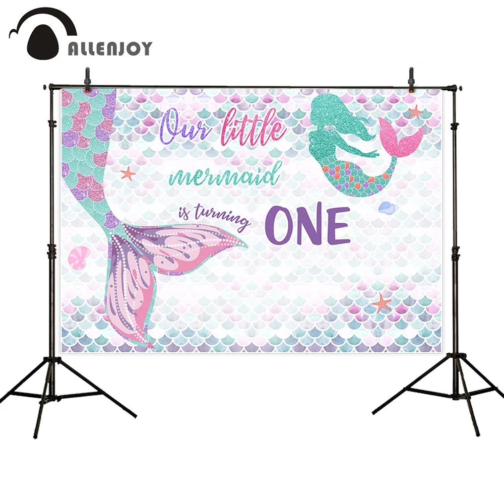 

Allenjoy 1st Birthday Party Banner Fish Tail Glitter Colorful Scale Starfish Conch Bokeh Foggy Backdrop Mermaid Background Cloth