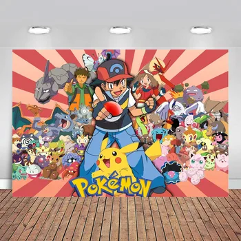 

Custom Pokemon Background Photography Little Fire Dragon Pikachu Babys 1st Birthday Party Backdrop for Photo 5X7FT
