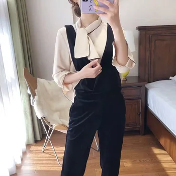 

Women Pants Loose Straight Wide Leg Pants High Waist Drop Velvet Comfortable Black Bib Pants