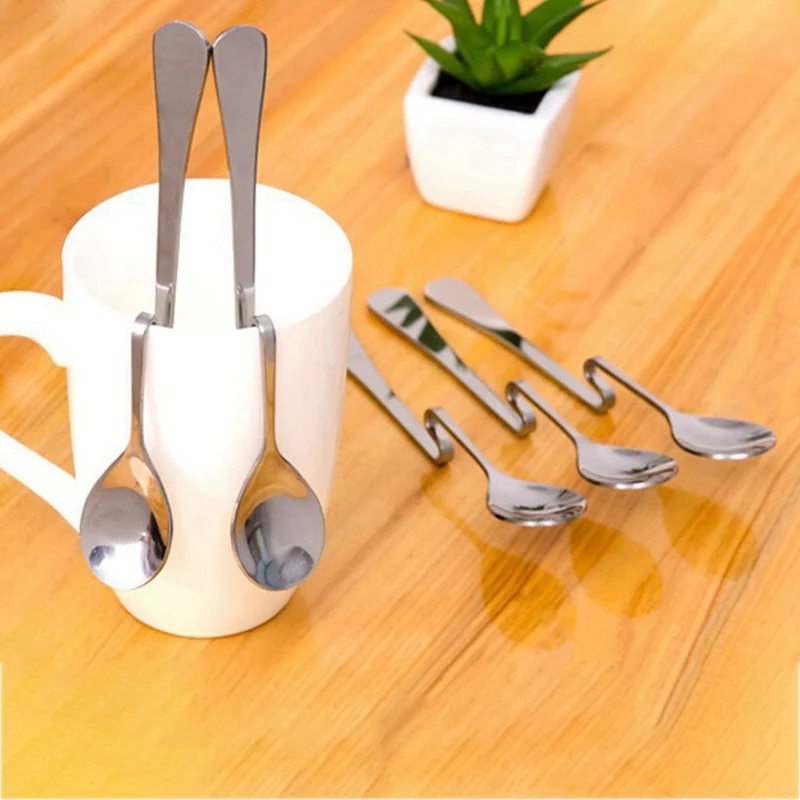 

5Pcs Coffee Spoons Stainless Steel Bending Hanging Coffee Spoons Dessert Spoons Tea Coffee Stirring Scoop Dropship