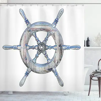 

Nautical Shower Curtain, Illustration of a Wooden Ship Wheel Over White Backdrop Sail Exploring Ocean Theme, Cloth Fabric