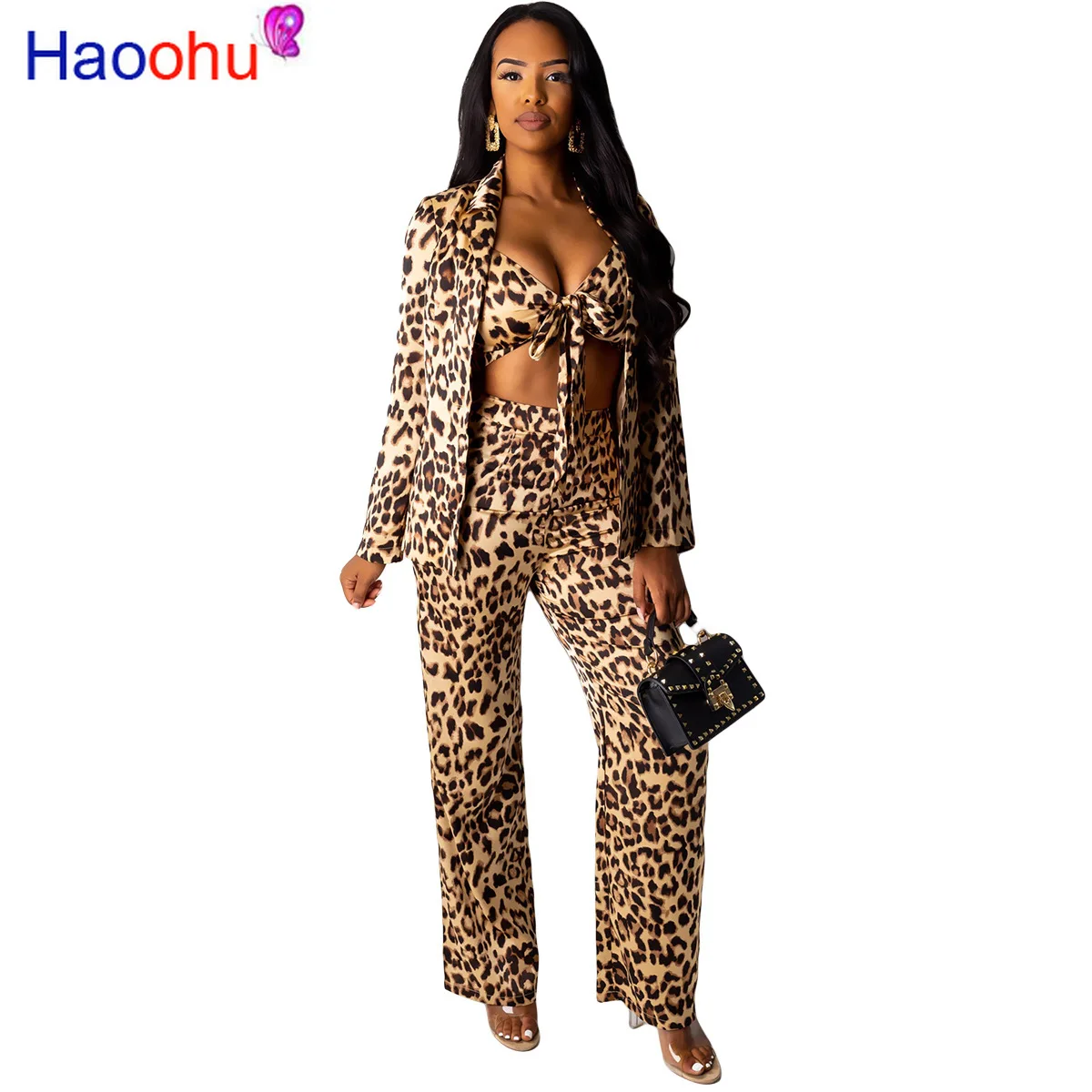 

HAOOHU Leopard Print 3 Piece Set Halter Bandage Crop Top and Long Sleeve Suit and Pants Matching Sets Office Outfit for Woman