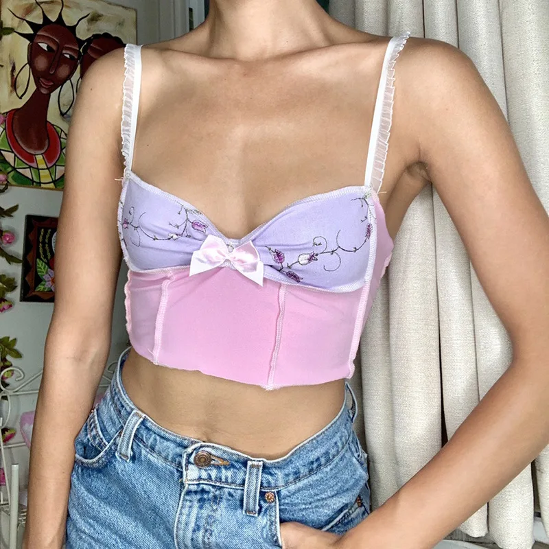 

Y2K Aesthetic 90s Crop Tops Women Sexy Floral Camisole Vintage Clubwear Pink Vest Corset Patchwork Cute Harajuku Oushang 2021