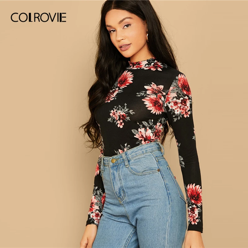 COLROVIE, цветочный принт, стоячий воротник, топ, для женщин, элегантные, базовые, для девушек, тройники, осень, уличная одежда, облегающий, разноцветный пуловер, топы