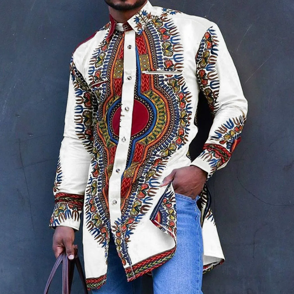 

Vintacy Autumn Spring Men Shirt Muslim Print Single-Breasted Long Sleeve Lapel Casual Blouse Male Daily Shirts Fashion Tops Plus