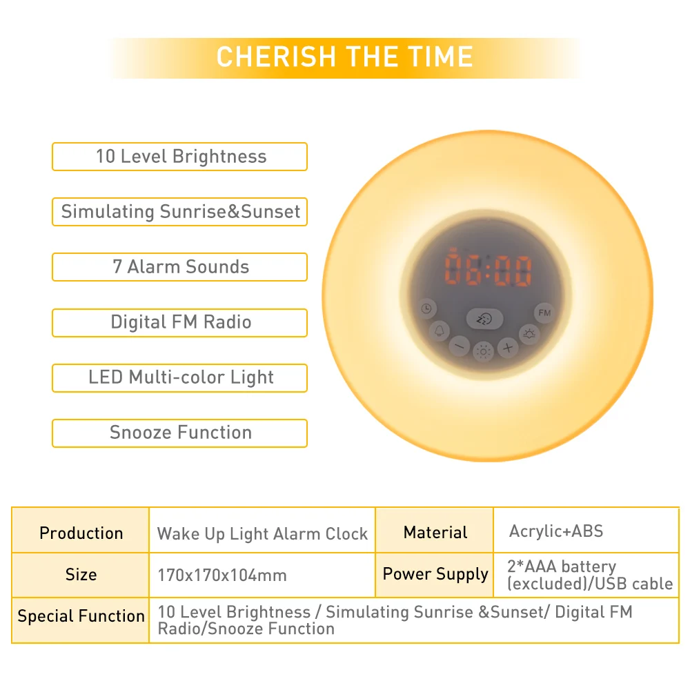 Alarm Clock Sunrise/Sunset Simulation Luminous Digital Clock with FM Radio 7 Colors Light Lamp Touch Control Snooze Table Clocks