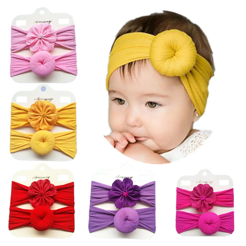 2pcs/lot Fashion Baby Nylon Headband Newborn Round Ball Headwrap Flower