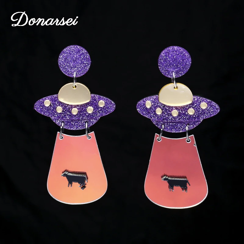 

Donarsei 2019 New Fashion Spaceship UFO Acrylic Earrings For Women Personality Geometric Alien Glitter Drop Earrings Party