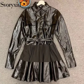 

Svoryxiu Fashion Designer Autumn Winter Black PU Short Dress Women's Elegant Long Sleeve Splicing Dress Vestdios
