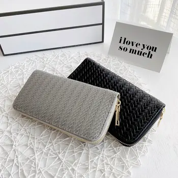 

Women Kintting Leather Long Wallets Money Phone Pocket Zipper Clutch Female Large Capacity Card Holder Purse Weave Wallets