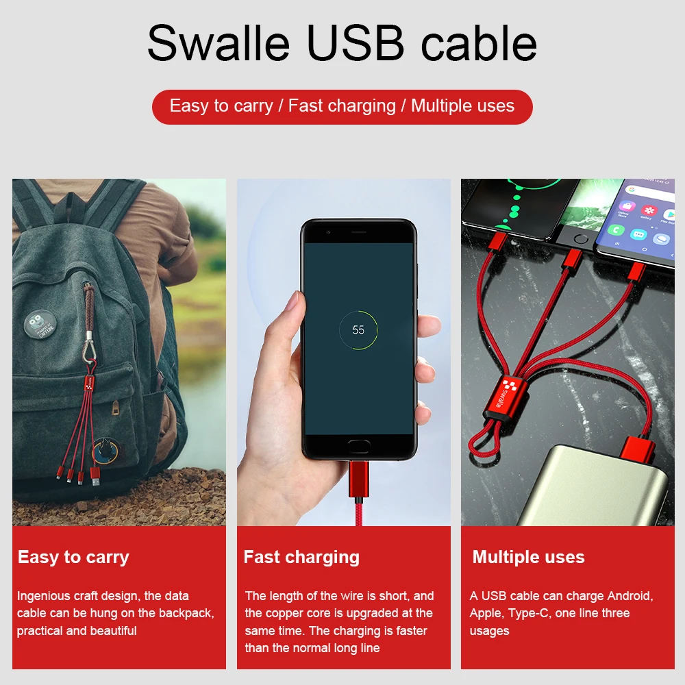 Swalle 3 в 1 USB C кабель мобильного телефона короткий микро-usb type C мульти зарядный кабель для Xiaomi huawei iPhone Быстрая зарядка