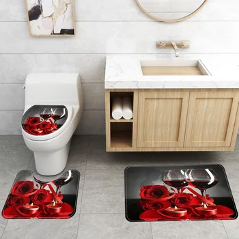 

4pcs Polyester Romantic Mildew Resistant Waterproof Living Room Bathroom Decor Shower Curtain Set Bath Mat Non Slip With Rugs