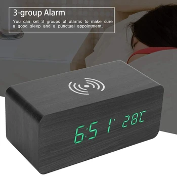 

Alarm Clock Wood Qi Wireless Charging Clock Sound Control Digital Watch Clock Temperature 12/24 Hours Display 3 Groups of Alarm