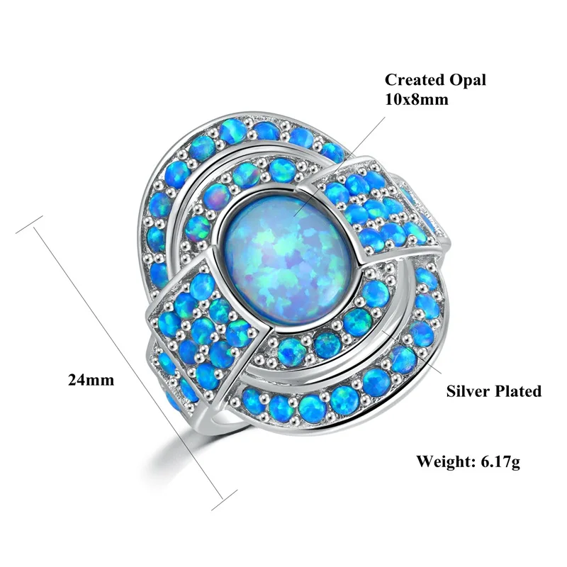 CiNily Vintage Blue Fire Opal Rings With Stone Silver Plated Luxury Large Bohemia BOHO Summer Cocktail Party Fully-Jewelled