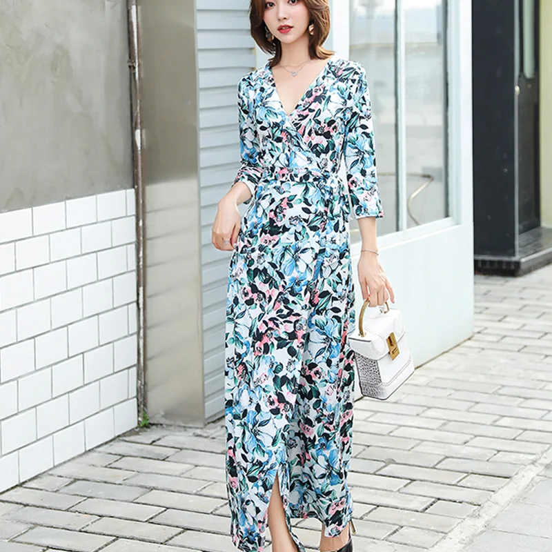 DSD210B-3073 FANIECES Boho пляжное платье с цветочным принтом женские осенние длинные платья сексуальные с высоким разрезом v-образным вырезом обёрточная Bodycon Вечерние Макси-Платье рубашка femme - Цвет: DSD210B-3073