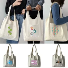 Shopping Bags Canvas Women‘s Commuter Color Cartoon Dog Footprints Prints Grocery Handbags Eco Messenger Tote Bag Shopper Bag