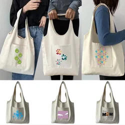 Shopping Bags Canvas Women‘s Commuter Color Cartoon Dog Footprints Prints Grocery Handbags Eco Messenger Tote Bag Shopper Bag