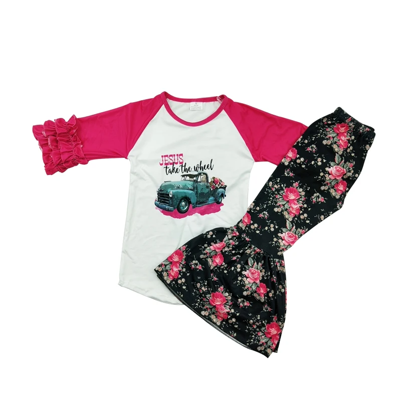 Бутик, хит, рисунок автомобиля, розовый сложенный топ с принтом розы, черные расклешенные штаны, Детский комплект