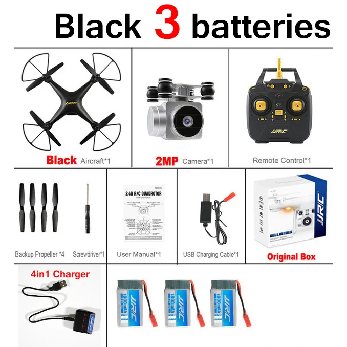 JJRC H68 720P Wifi FPV RC Дрон с камерой Квадрокоптер высота Дрон держать Безголовый режим вертолет Профессиональный Квадрокоптер - Цвет: Black 3 batteries