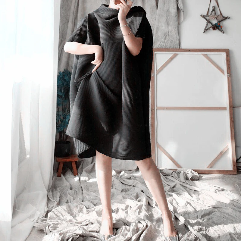 black Модная одежда в Корейском стиле; сезон весна-лето; плиссированная одежда для женщин; прямое свободное платье большого размера; асимметричное платье; высокое качество; популярная модель; YH195 - Цвет: black