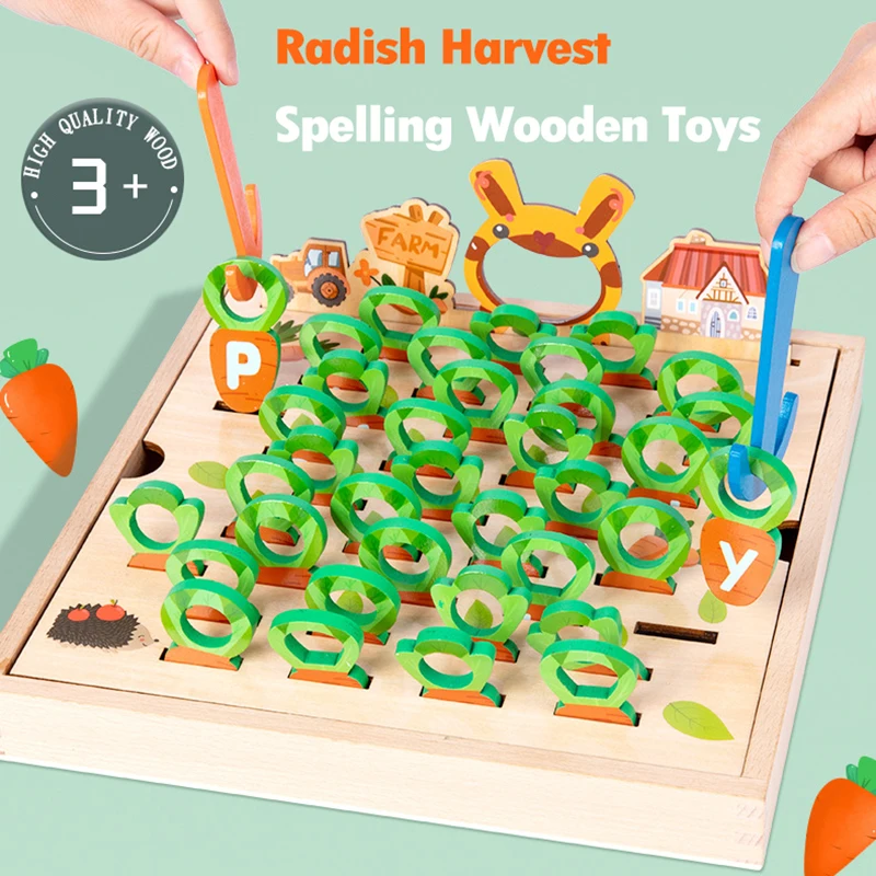 Children Pulling Carrot Language Learning Toys Montessori Game Wooden Box Farm Harvest Radishes Alphabet Early Educational Toys 2