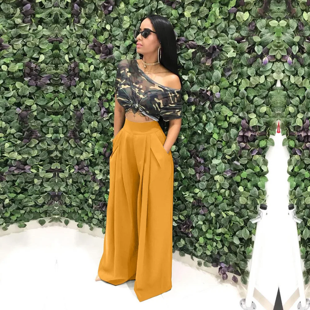Women's Casual Loose Palazzo Pants with Elastic Waist and Pockets - Autumn High Waisted Wide Leg Trousers, Pleated Long Culottes Pants image 2