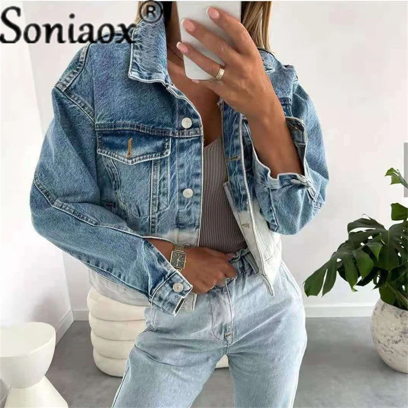 Womens Casual Denim Jacket 2021 Autumn Winter Street Trendy Jean Jacket Lapel Loose Fit Hit Color Fashion Long Sleeve Short Coat autumn women s jeans cool street high waisted jeans pocket contrasting color stitching straight jeans womens distressed jeans