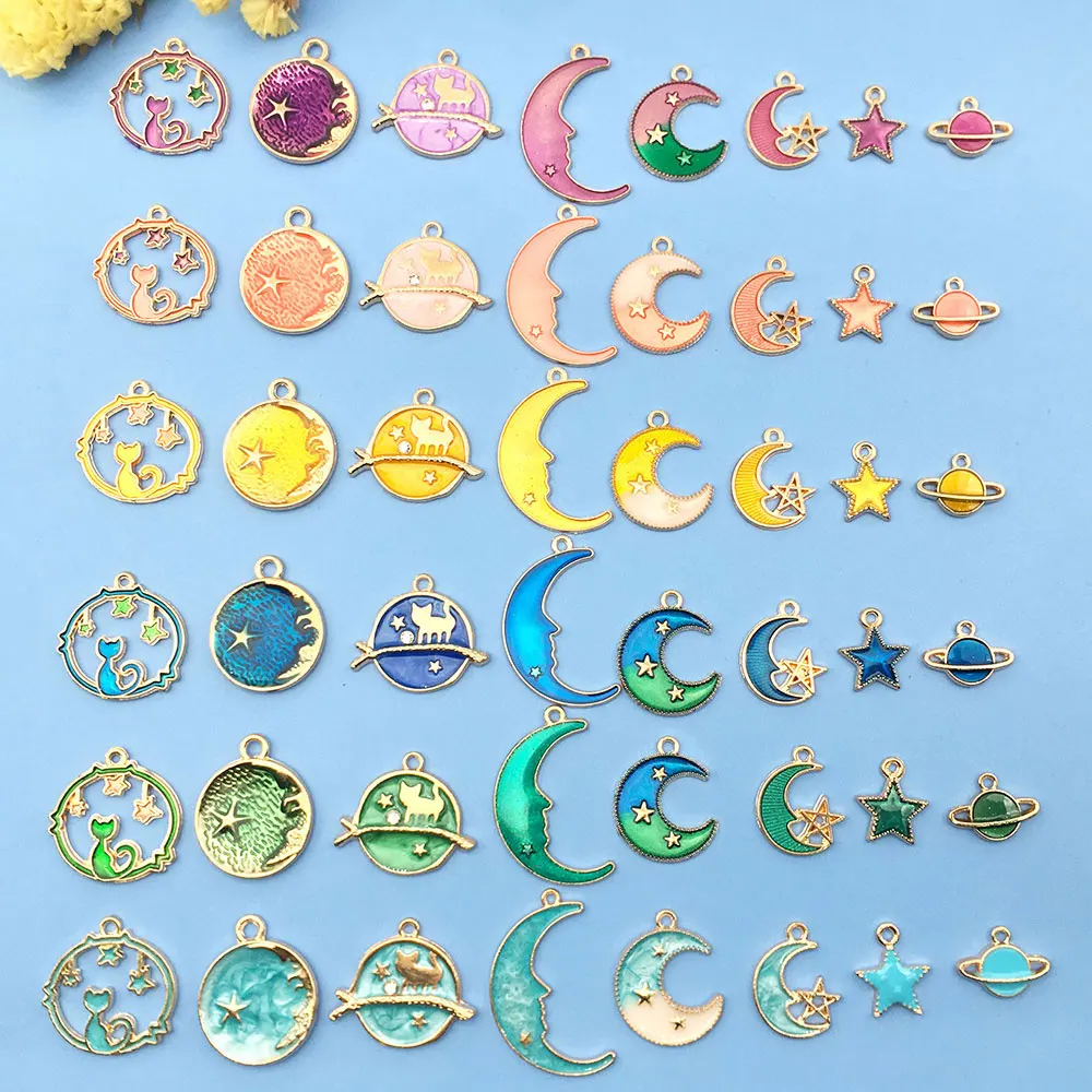 

8pcs/Lot Gold Plated Enamel Charms Moon Star CuteCat Pendant for DIY Trendy Necklace Bracelet Earrings Jewelry MakingAccessories