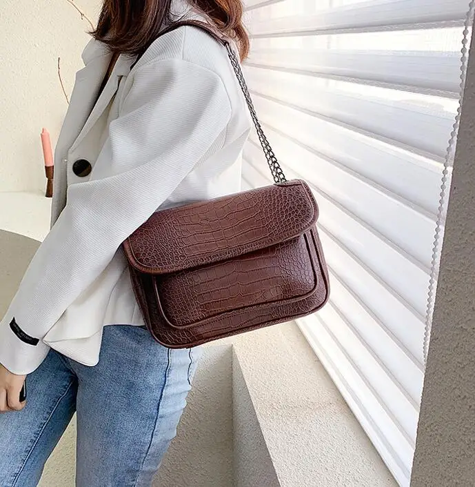 27 CM Brown Европейский стиль крокодиловая сумка с узором сумка Новая высококачественная кожаная женская дизайнерская сумка с цепочкой сумка - Цвет: 27 CM Brown